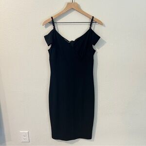 Homeyee Elegant Black Stretch Off-Shoulder‎ V-Neck Midi Sheath Dress Size 8